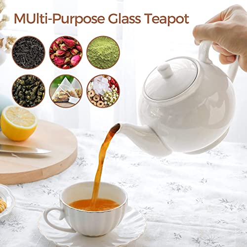 ComSaf Porcelain Teapot with Removable Infuser & Lid 37oz(4-5 Cups), Large Tea Pot with Stainless Steel Fine Mesh Infuser, Ceramic Tea Maker with Strainer for Loose Leaf Tea or Bags, White