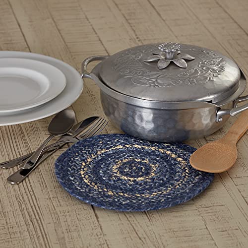 VHC Brands Great Falls Blue Trivet Hot Pad for Pots Pans, Blue White, Jute Blend, Round Circle, 8 Inches