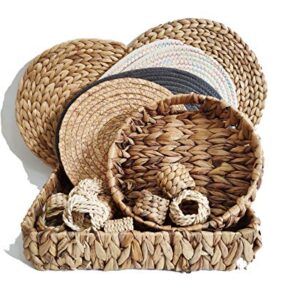 ZKZNsmart Set of 3 Grass Weaving Tray，Hand-Weaving Natural Water Hyacinth Storage Baskets,Wicker Serving Trays with Built-in Handles, Grass Storage Bins for Fruit,Arts and Crafts.