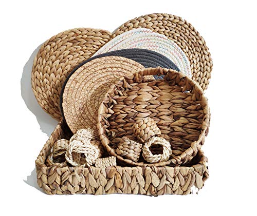ZKZNsmart Set of 3 Grass Weaving Tray，Hand-Weaving Natural Water Hyacinth Storage Baskets,Wicker Serving Trays with Built-in Handles, Grass Storage Bins for Fruit,Arts and Crafts.
