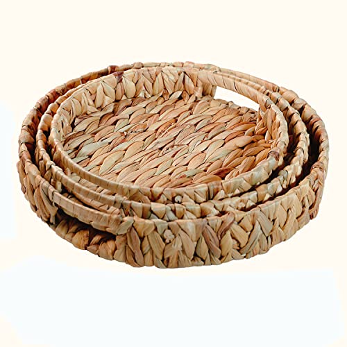 ZKZNsmart Set of 3 Grass Weaving Tray，Hand-Weaving Natural Water Hyacinth Storage Baskets,Wicker Serving Trays with Built-in Handles, Grass Storage Bins for Fruit,Arts and Crafts.