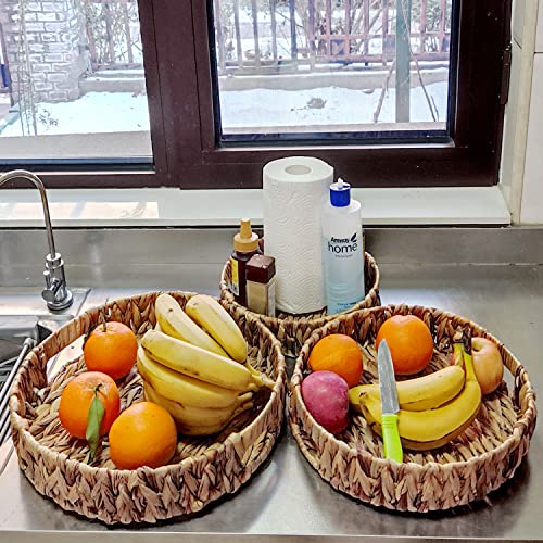 ZKZNsmart Set of 3 Grass Weaving Tray，Hand-Weaving Natural Water Hyacinth Storage Baskets,Wicker Serving Trays with Built-in Handles, Grass Storage Bins for Fruit,Arts and Crafts.