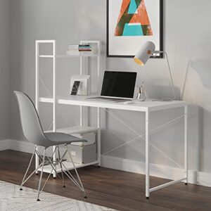 ames 47" reversible gaming computer desk with adjustable shelves, home office desk, grommet cable-management, leveler feet, easy assembly, white/white