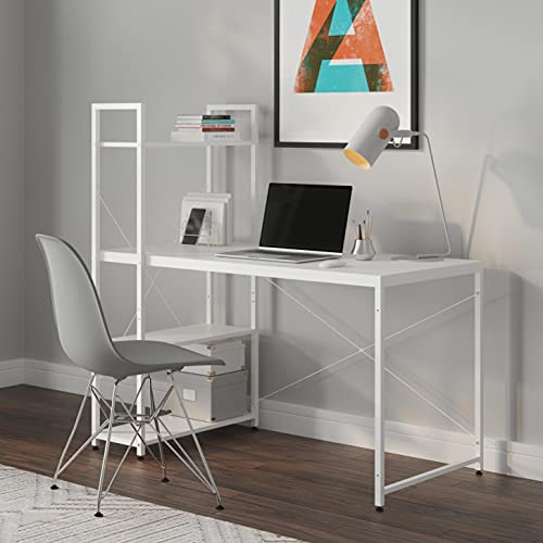 Ames 47" Reversible Gaming Computer Desk with Adjustable Shelves, Home Office Desk, Grommet Cable-Management, Leveler Feet, Easy Assembly, White/White