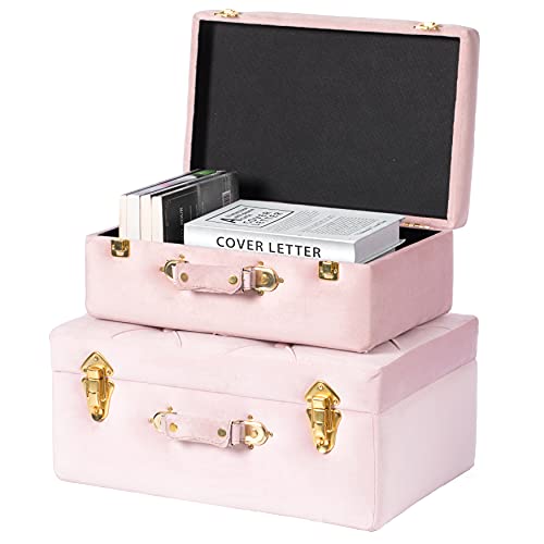 Vintiquewise Decorative Tufted Velvet Suitcase Treasure Chest Set of 2, Pink