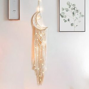 mgahyi moon star dream catcher decor,macrame woven dreamcatcher with light,bohemian wall hanging decoration,bedroom,home decoration (moon white)