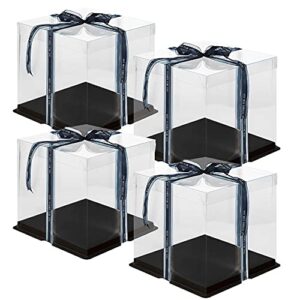 clear cake box,4 pcs transparent cake box with ribbon for pastries10" x 10" x 9"-clear tall cake box- clear gift boxes with lid for wedding party and gift display (black-4 set)