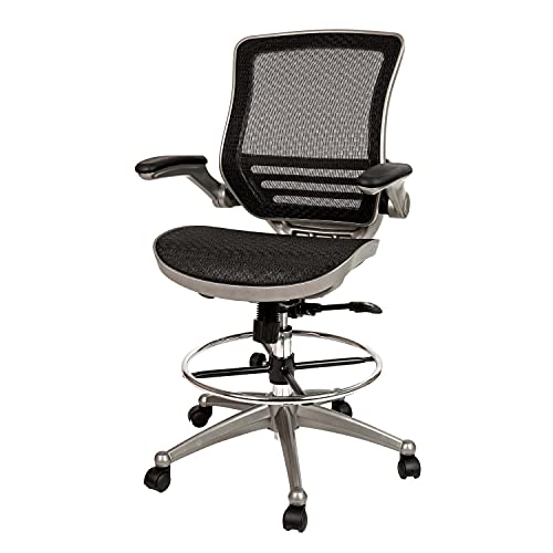 EMMA + OLIVER Black Mid-Back Mesh Drafting Chair with Graphite Frame and Flip-Up Arms