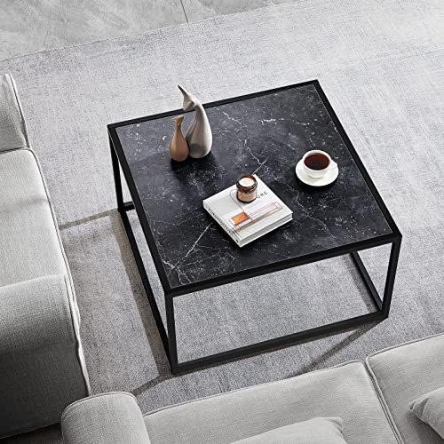 SAYGOER Black Coffee Table Small Square Coffee Tables Simple Modern Center Table for Living Room Home Office 27.6 * 27.6 * 15.7Inch, Easy Assembly, Black Faux Marble