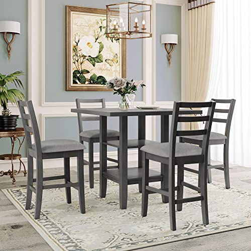 UMISOL 5 Piece Square Dining Table Set for Small Space, Farmhouse Style Counter Height Table Set with 2 Tier Storage Shelving and 4 Padded Chairs (Gray)