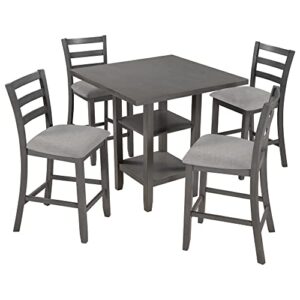 UMISOL 5 Piece Square Dining Table Set for Small Space, Farmhouse Style Counter Height Table Set with 2 Tier Storage Shelving and 4 Padded Chairs (Gray)