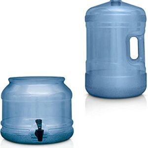 BPA Free Water Dispenser Base with Spigot & 5 Gallon Water Jug Set - Transparent Blue - for Countertops or Stands - Complete Set