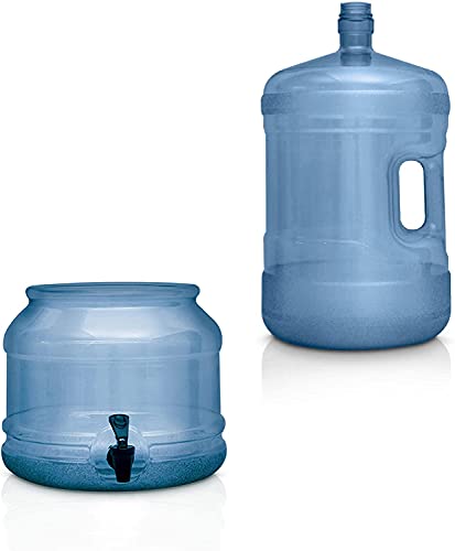 BPA Free Water Dispenser Base with Spigot & 5 Gallon Water Jug Set - Transparent Blue - for Countertops or Stands - Complete Set