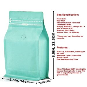 50 Count 16 Ounce Tiffany Blue Kraft Paper Coffee Bags with Air Release Valve, High Barrier Coffee Pouches for Home, Store, Flat Bottom (50pcs/16oz, 1lb, 500g)