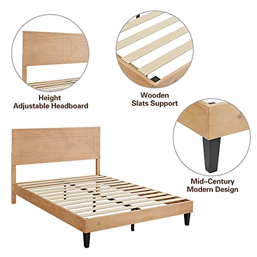 MUSEHOMEINC Mid Century Modern Solid Wood Platform Bed,Queen Size Bed Frame with Adjustable Height Headboard, Wood Slat Support Bed Frame, Bed Frame No Box Spring Needed