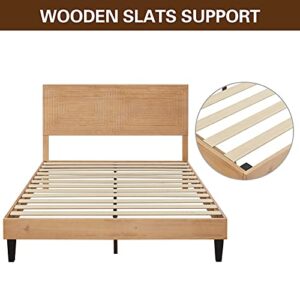 MUSEHOMEINC Mid Century Modern Solid Wood Platform Bed,Queen Size Bed Frame with Adjustable Height Headboard, Wood Slat Support Bed Frame, Bed Frame No Box Spring Needed