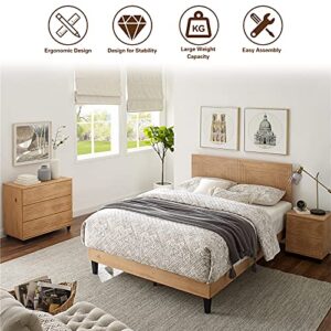 MUSEHOMEINC Mid Century Modern Solid Wood Platform Bed,Queen Size Bed Frame with Adjustable Height Headboard, Wood Slat Support Bed Frame, Bed Frame No Box Spring Needed