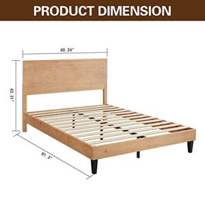 MUSEHOMEINC Mid Century Modern Solid Wood Platform Bed,Queen Size Bed Frame with Adjustable Height Headboard, Wood Slat Support Bed Frame, Bed Frame No Box Spring Needed