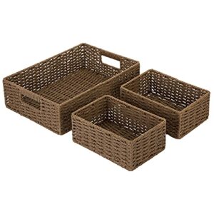 mygift brown woven small storage tray for organizing, multipurpose nesting basket bin, set of 3
