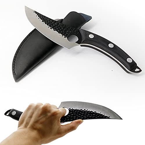 NWESTUN Viking Knife Hand Forged Boning Knife with Sheath & Pocket Knife Sharpener High Carbon Steel Meat Caveman Knife Multipurpose Chef Knives for Camping, Outdoor, Deboning, BBQ