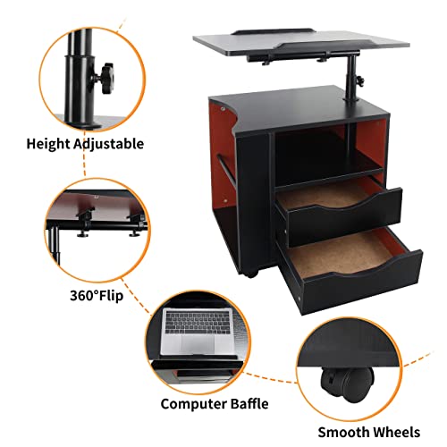 DANSION Bedside Table Workstation, Adjustable Swivel Tilt Wooden Nightstand Laptop Desk with Drawers and Magazine Holder, Laptop Cart with Wheels, Black