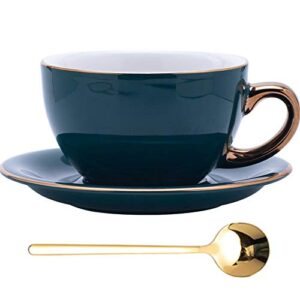 coffeezone luxury gold 10 oz thick ceramic latte art cappuccino barista cup with saucer (peacock green)