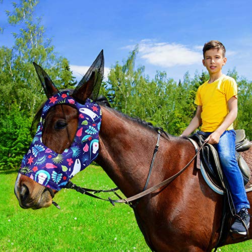 2 Pieces Horse Fly Mask Horse Mask with Ears Smooth and Elasticity Fly Mask with UV Protection (Tribal Grid Patterns, L)