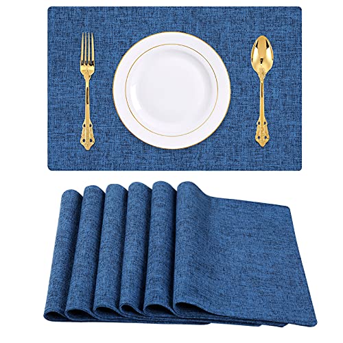 Homaxy Cotton Linen Placemats for Dining Table Set of 6, Heat Resistant Washable Table Mats, Easy to Clean Place Mats, 13" x 19", Blue