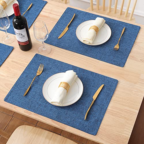 Homaxy Cotton Linen Placemats for Dining Table Set of 6, Heat Resistant Washable Table Mats, Easy to Clean Place Mats, 13" x 19", Blue