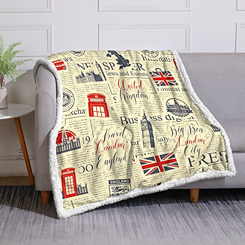 DUISE Super Soft Fleece Blanket Retro Style UK London Theme Sherpa Bedding Comforter Blanket with Inscriptions British Symbols Landmarks and Flag Sherpa Throw Blanket Comfy Throw Blanket 50"x60"