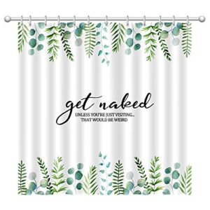 kas home funny quotes fabric shower curtain modern farmhouse bathroom curtain set with hooks tropical green leaves shower curtain for bathroom decor (white - gn, 72 x 72 inch)