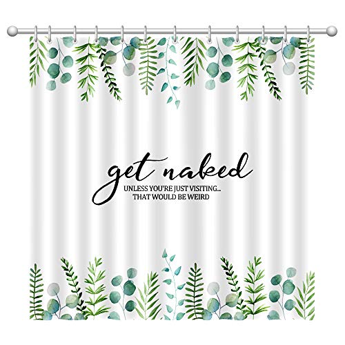 Kas Home Funny Quotes Fabric Shower Curtain Modern Farmhouse Bathroom Curtain Set with Hooks Tropical Green Leaves Shower Curtain for Bathroom Decor (White - GN, 72 X 72 inch)