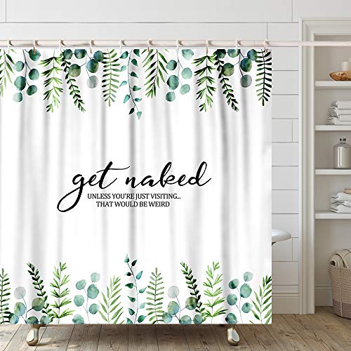 Kas Home Funny Quotes Fabric Shower Curtain Modern Farmhouse Bathroom Curtain Set with Hooks Tropical Green Leaves Shower Curtain for Bathroom Decor (White - GN, 72 X 72 inch)