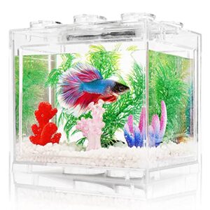 small betta fish tank, aquarium tank kit with led lighting, 3/5 gallon stackable beta fish tank set, fish bowl accessories for turtle reptile shrimp moss crab insects habitat as decoration