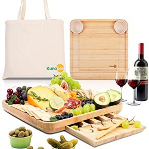 Kunaboo Bamboo Charcuterie Board Set-Green Ramekins-Climate Pledge Friendly Certified Cheese Board with Knife Set (FSC Certified eco-Friendly Bamboo)-Free Travel Canvas Bag-Cheese Boards Gift Set