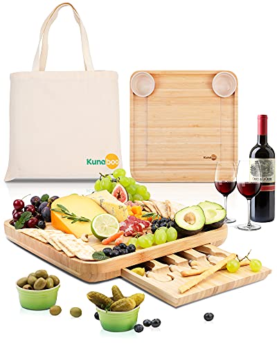 Kunaboo Bamboo Charcuterie Board Set-Green Ramekins-Climate Pledge Friendly Certified Cheese Board with Knife Set (FSC Certified eco-Friendly Bamboo)-Free Travel Canvas Bag-Cheese Boards Gift Set