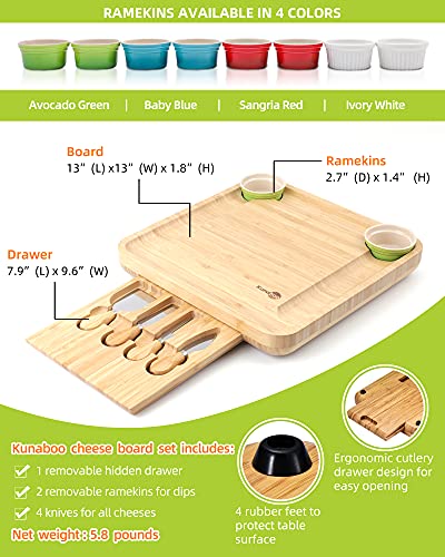 Kunaboo Bamboo Charcuterie Board Set-Green Ramekins-Climate Pledge Friendly Certified Cheese Board with Knife Set (FSC Certified eco-Friendly Bamboo)-Free Travel Canvas Bag-Cheese Boards Gift Set