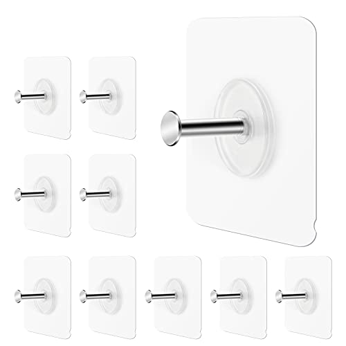 Ginmino Wall Hooks 13.5lbs(Max) Transparent Reusable Adhesive Hooks, Waterproof and Oilproof, Bathroom Kitchen Wall Hooks Heavy Duty 10 Pack