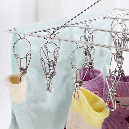 SSXX Clothes Drying Rack with 40 Clips, Stailess Steel Laundry Hanging Rack for Balcony and Courtyard, Suitable for Socks, Underwears, Drying Towels and Baby Clothes,Silver