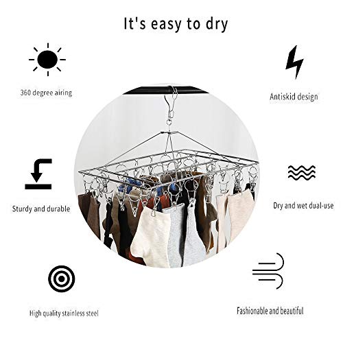 SSXX Clothes Drying Rack with 40 Clips, Stailess Steel Laundry Hanging Rack for Balcony and Courtyard, Suitable for Socks, Underwears, Drying Towels and Baby Clothes,Silver