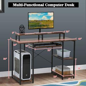 Computer Desk 46" Gaming Writing Desk with Keyboard Tray/Monitor Stand Shelf/Storage Shelves/CPU Stand for Home Office