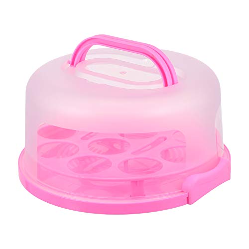 Hemoton Portable Cheesecake Carrier Round Cake Container Clear Dome Lids Cupcake Muffin Pie Box Dessert Serving Tray with Handle for Fruits Pastry Donut Baked Bread 10inch Pink