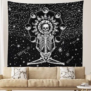 skull tapestry human skeleton tapestry meditation skeleton tapestry black and white stars tapestry for bedroom living room-h51.2×w59.1 inches