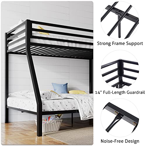 SHA CERLIN Metal Bunk Bed Twin Over Full Size with Removable Stairs, Heavy Duty Sturdy Frame with 12" Under-Bed Storage for Teen & Adults, Teens, No Box Spring Needed, Black