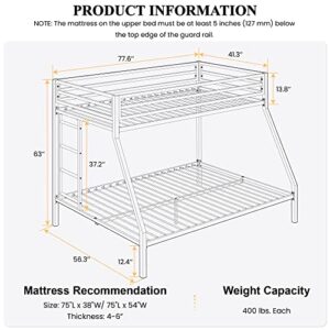 SHA CERLIN Metal Bunk Bed Twin Over Full Size with Removable Stairs, Heavy Duty Sturdy Frame with 12" Under-Bed Storage for Teen & Adults, Teens, No Box Spring Needed, Black