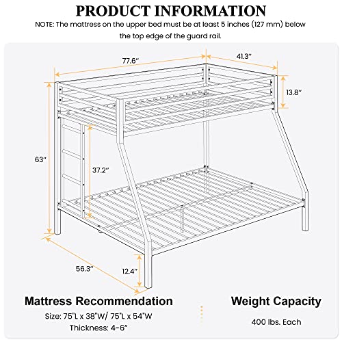 SHA CERLIN Metal Bunk Bed Twin Over Full Size with Removable Stairs, Heavy Duty Sturdy Frame with 12" Under-Bed Storage for Teen & Adults, Teens, No Box Spring Needed, Black