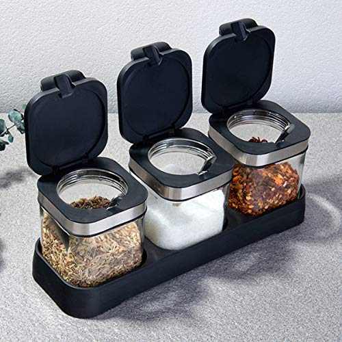 QAZSE Sugar Bowl with Lid and Spoon Glass Square 8 Ounce Clear Seasoning Jars Pepper Salt Spice Containers Gourmet Food Condiment Organizer with Base, Set of 3, Black