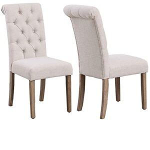 btexpert bb5106-2 high back tufted parsons upholstered padded dining room chairs side wood accent-two pack, set of 2, ivory beige linen fabric