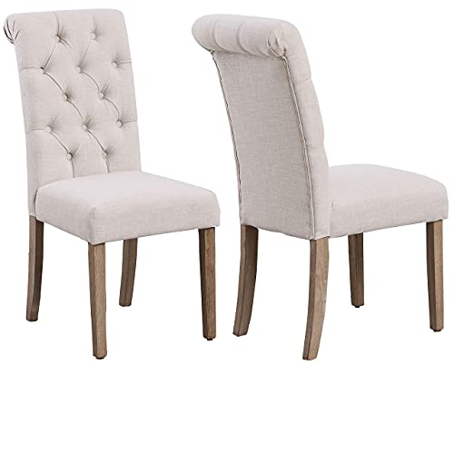 BTEXPERT BB5106-2 High Back Tufted Parsons Upholstered Padded Dining Room Chairs Side Wood Accent-Two Pack, Set of 2, Ivory Beige Linen Fabric