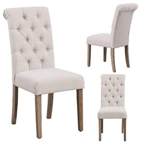 BTEXPERT BB5106-2 High Back Tufted Parsons Upholstered Padded Dining Room Chairs Side Wood Accent-Two Pack, Set of 2, Ivory Beige Linen Fabric